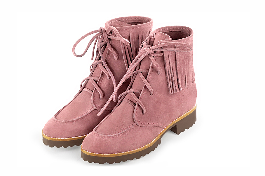Bottines élégantes et raffinées avec des lacets à l'avant, coloris rose vieux rose. Bout rond. Semelle gomme plat. Personnalisation : Choix des cuirs, des couleurs et des talons. Cou-de-pied sur mesure. - Florence KOOIJMAN