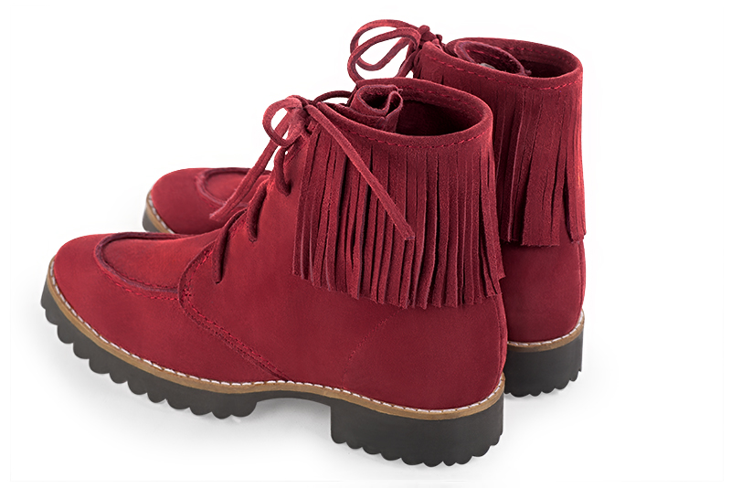 Burgundy red women's ankle boots with laces at the front. Round toe. Flat rubber soles. Rear view - Florence KOOIJMAN