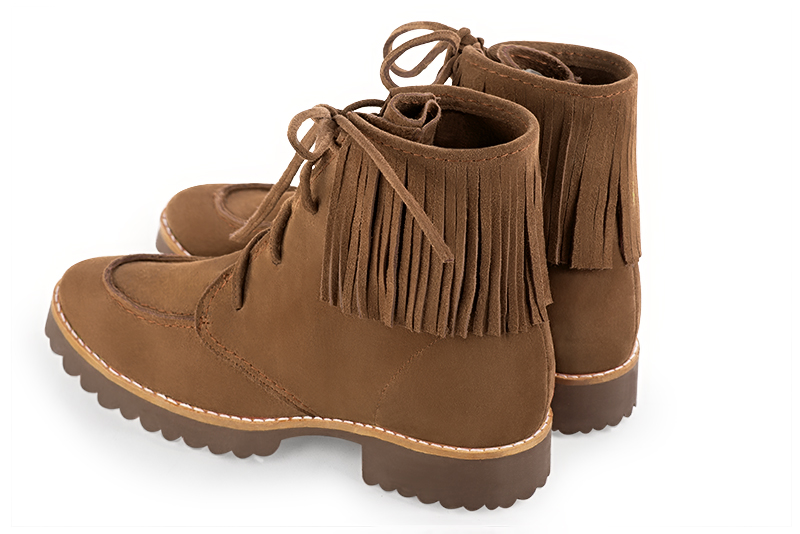 Caramel brown women's ankle boots with laces at the front. Round toe. Flat rubber soles. Rear view - Florence KOOIJMAN