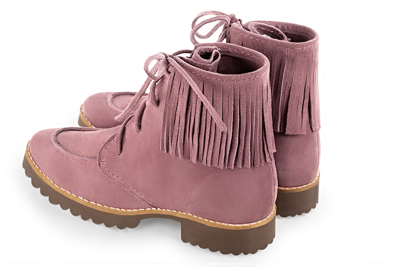 Dusty rose pink women's ankle boots with laces at the front. Round toe. Flat rubber soles. Rear view - Florence KOOIJMAN