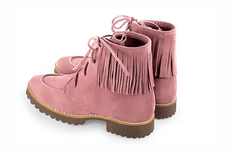 Dusty rose pink women's ankle boots with laces at the front. Round toe. Flat rubber soles. Rear view - Florence KOOIJMAN