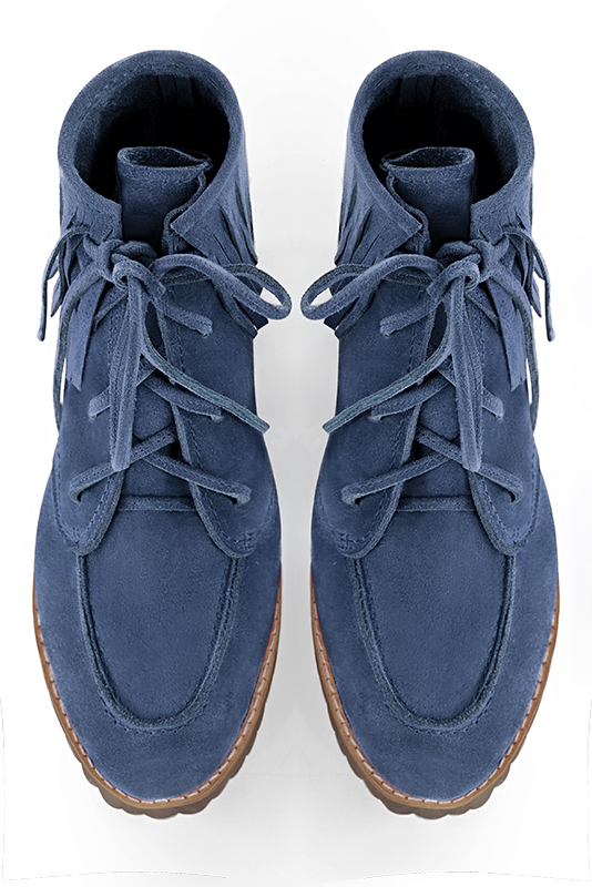 Denim blue women's ankle boots with laces at the front. Round toe. Flat rubber soles. Top view - Florence KOOIJMAN