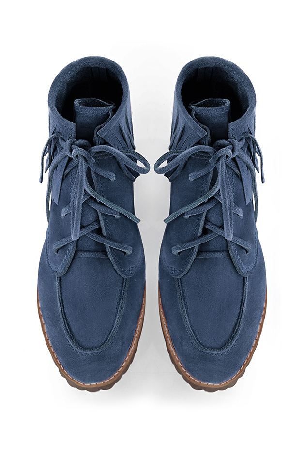 Women's denim blue dress ankle boots, with laces at the front. Round toe. Thick rubber soles - Top view