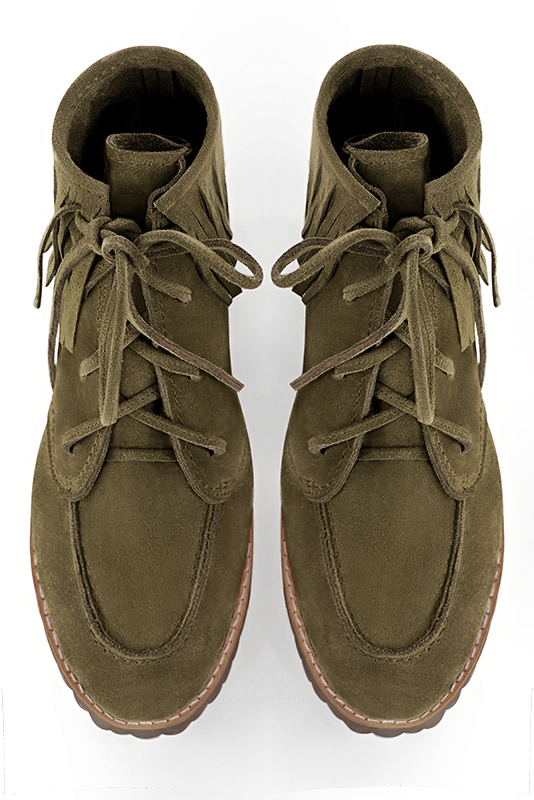 Khaki green women's ankle boots with laces at the front. Round toe. Flat rubber soles. Top view - Florence KOOIJMAN