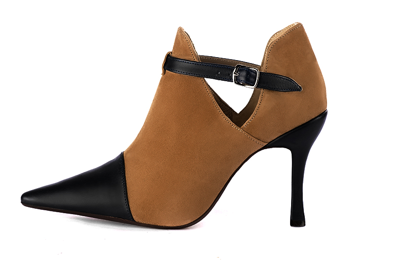 Women's satin black and caramel brown elegant ankle boots, with buckles on the sides. Pointed toe. High spool heels - Profile view