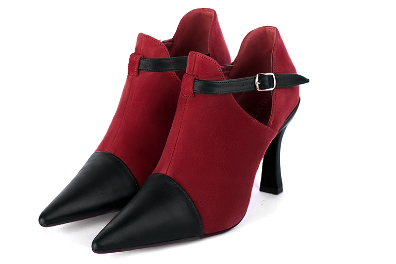 Women's satin black and cardinal red elegant ankle boots, with buckles on the sides. Pointed toe. High spool heels - Front view