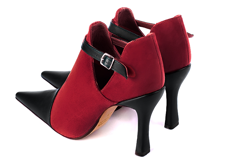Women's satin black and cardinal red elegant ankle boots, with buckles on the sides. Pointed toe. High spool heels - Rear view