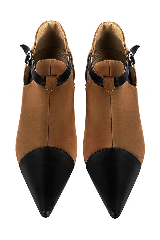 Women's satin black and caramel brown elegant ankle boots, with buckles on the sides. Pointed toe. High spool heels - Top view