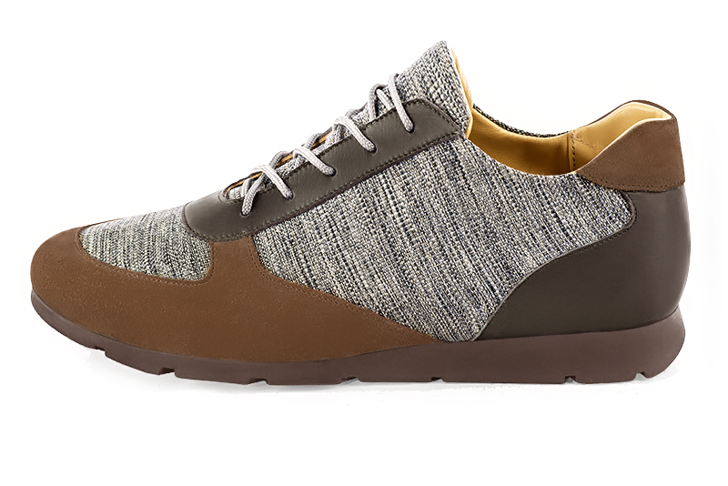 Caramel brown and ash grey three-tone dress sneakers for men. Round toe. Flat rubber soles. Profile view - Florence KOOIJMAN