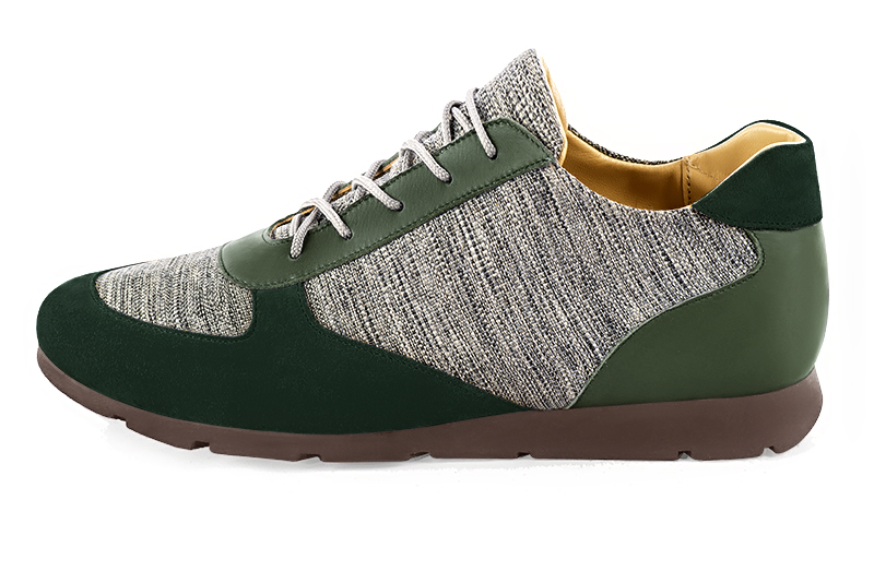 Forest green and ash grey three-tone dress sneakers for men. Round toe. Flat rubber soles. Profile view - Florence KOOIJMAN