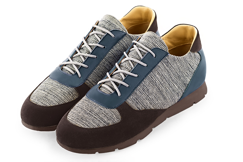 Dark brown, ash grey and denim blue three-tone dress sneakers for men. Round toe. Flat rubber soles. Front view - Florence KOOIJMAN