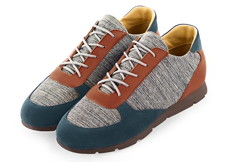 Peacock blue, ash grey and terracotta orange three-tone dress sneakers for men. Round toe. Flat rubber soles - Florence KOOIJMAN