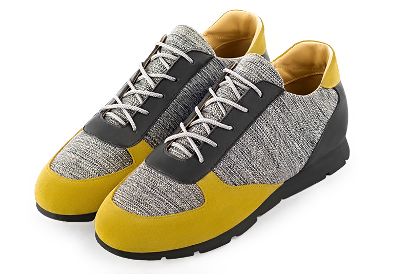 Yellow and ash grey three-tone dress sneakers for men. Round toe. Flat rubber soles. Front view - Florence KOOIJMAN