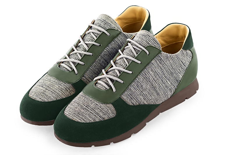 Forest green and ash grey three-tone dress sneakers for men. Round toe. Flat rubber soles - Florence KOOIJMAN