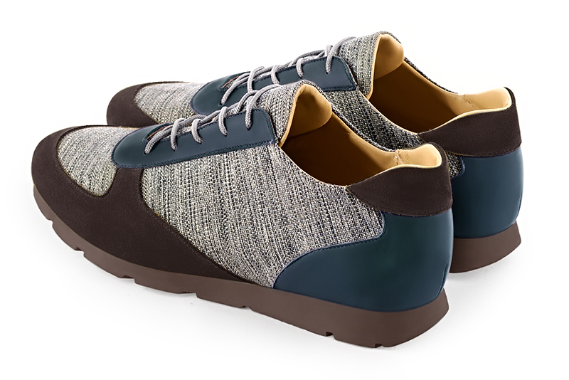 Dark brown, ash grey and denim blue three-tone dress sneakers for men. Round toe. Flat rubber soles. Rear view - Florence KOOIJMAN