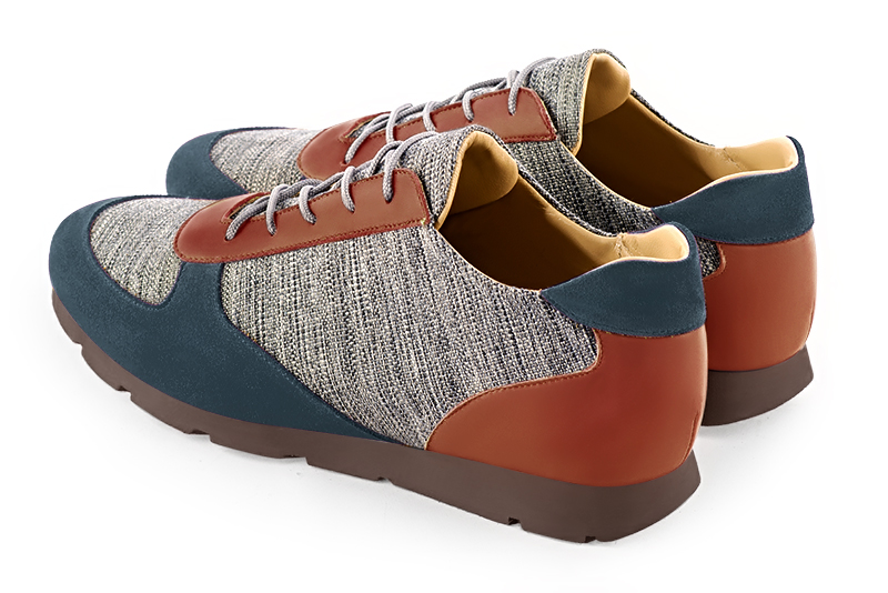Peacock blue, ash grey and terracotta orange three-tone dress sneakers for men. Round toe. Flat rubber soles. Rear view - Florence KOOIJMAN