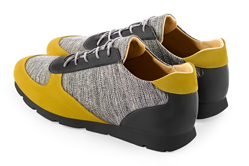 Yellow and ash grey three-tone dress sneakers for men. Round toe. Flat rubber soles. Rear view - Florence KOOIJMAN