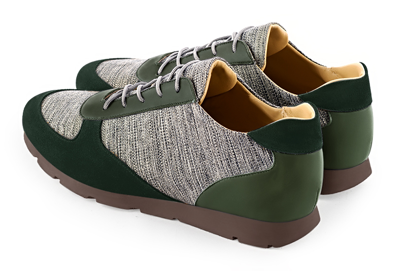 Forest green and ash grey three-tone dress sneakers for men. Round toe. Flat rubber soles. Rear view - Florence KOOIJMAN
