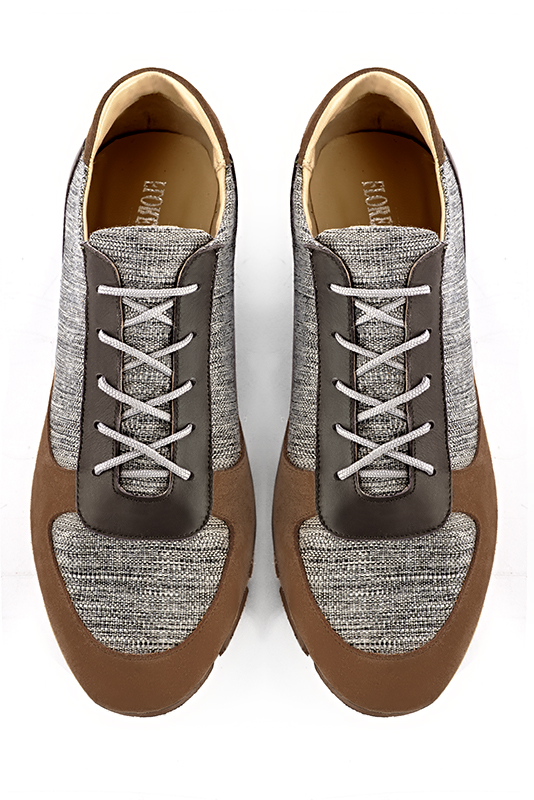 Caramel brown and ash grey three-tone dress sneakers for men. Round toe. Flat rubber soles. Top view - Florence KOOIJMAN