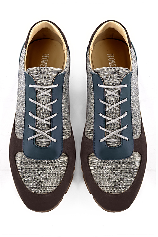 Dark brown, ash grey and denim blue three-tone dress sneakers for men. Round toe. Flat rubber soles. Top view - Florence KOOIJMAN