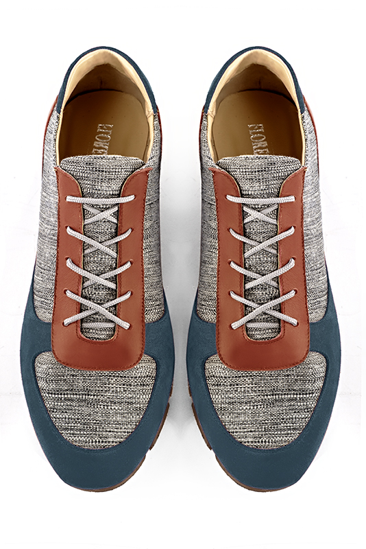 Peacock blue, ash grey and terracotta orange three-tone dress sneakers for men. Round toe. Flat rubber soles. Top view - Florence KOOIJMAN