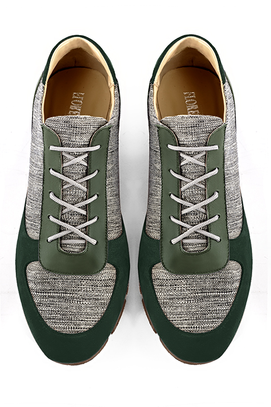 Forest green and ash grey three-tone dress sneakers for men. Round toe. Flat rubber soles. Top view - Florence KOOIJMAN