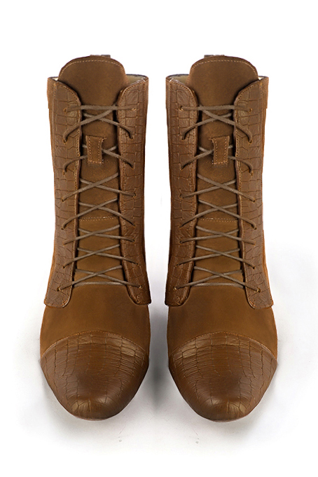 Caramel brown women's ankle boots with laces at the front. Round toe. Low flare heels. Top view - Florence KOOIJMAN