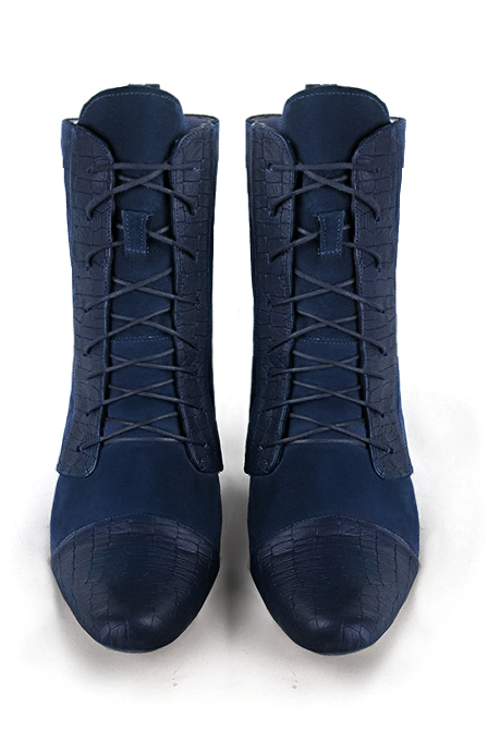 Navy blue women's ankle boots with laces at the front. Round toe. Low flare heels. Top view - Florence KOOIJMAN