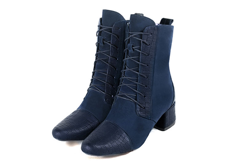 Navy blue women's ankle boots with laces at the front. Round toe. Low flare heels. Front view - Florence KOOIJMAN