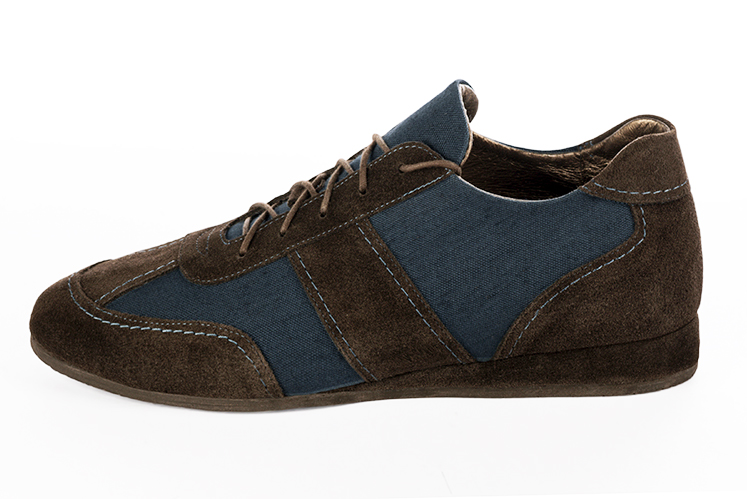 Dark brown and denim blue two-tone dress sneakers for men. Round toe. Flat wedge soles. Profile view - Florence KOOIJMAN