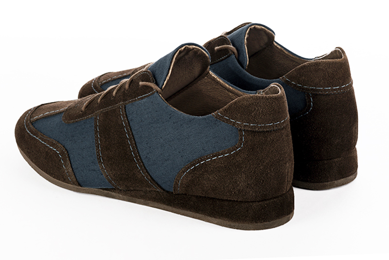Dark brown and denim blue two-tone dress sneakers for men. Round toe. Flat wedge soles. Rear view - Florence KOOIJMAN