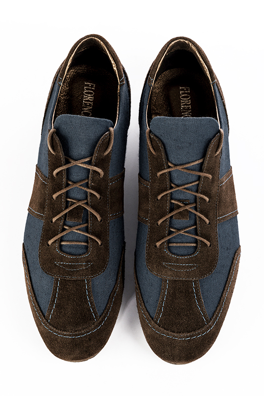 Dark brown and denim blue two-tone dress sneakers for men. Round toe. Flat wedge soles. Top view - Florence KOOIJMAN