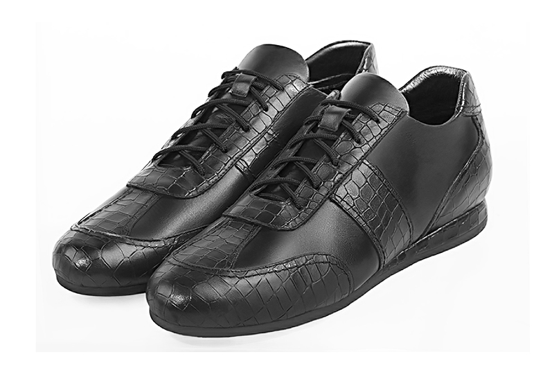 Satin black one-tone dress sneakers for men. Round toe. Flat rubber soles - Florence KOOIJMAN