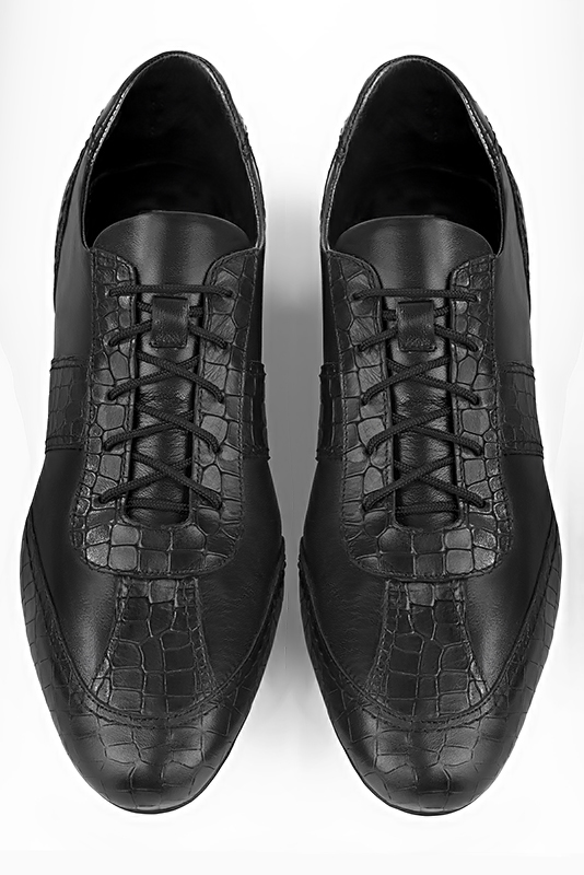 Satin black one-tone dress sneakers for men. Round toe. Flat rubber soles. Top view - Florence KOOIJMAN