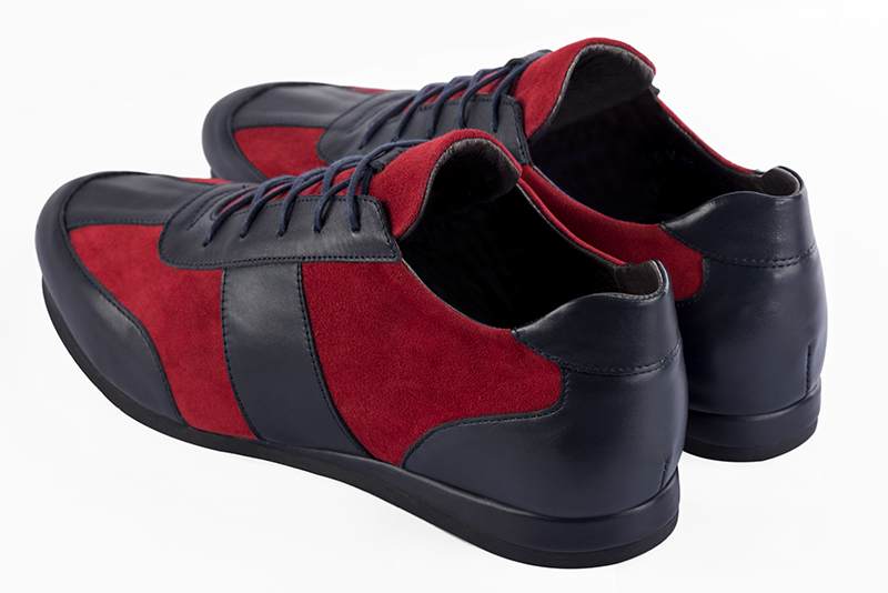 Navy blue and burgundy red two-tone dress sneakers for men. Round toe. Flat wedge soles. Rear view - Florence KOOIJMAN