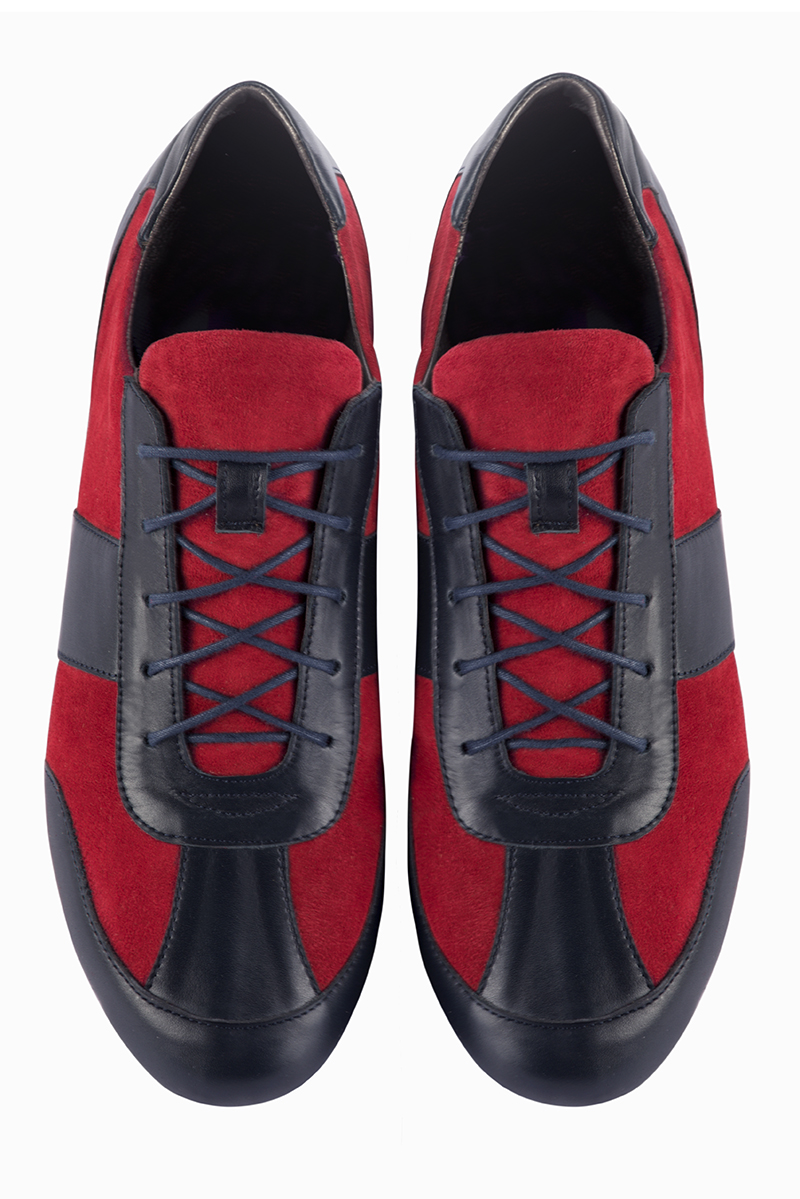 Navy blue and burgundy red two-tone dress sneakers for men. Round toe. Flat wedge soles. Top view - Florence KOOIJMAN