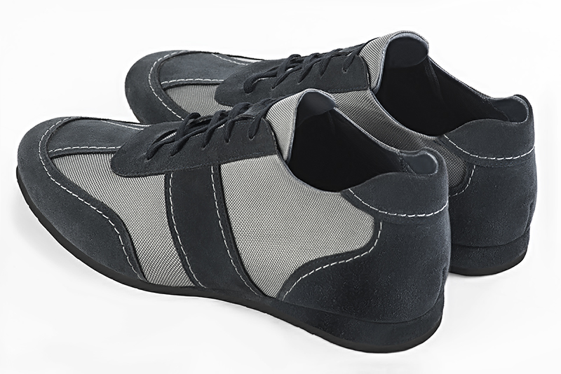 Navy blue and dove grey two-tone dress sneakers for men. Round toe. Flat wedge soles. Rear view - Florence KOOIJMAN