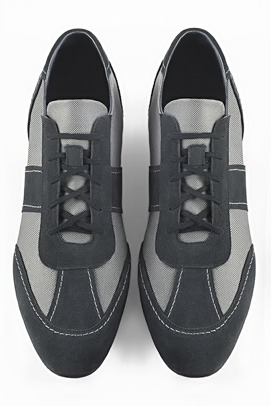 Navy blue and dove grey two-tone dress sneakers for men. Round toe. Flat wedge soles. Top view - Florence KOOIJMAN