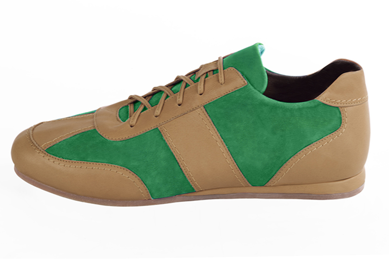 Camel beige and emerald green two-tone dress sneakers for men. Round toe. Flat wedge soles. Profile view - Florence KOOIJMAN