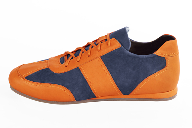 Apricot orange and prussian blue two-tone dress sneakers for men. Round toe. Flat wedge soles. Profile view - Florence KOOIJMAN