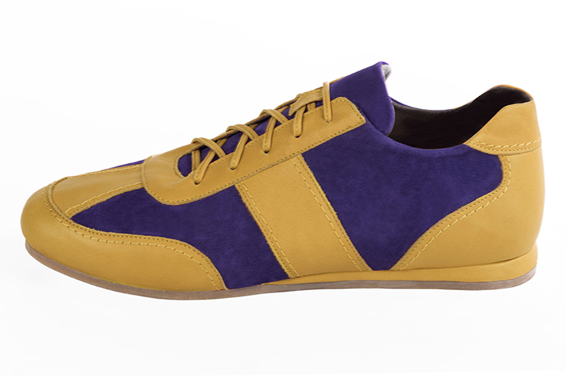 Mustard yellow two-tone dress sneakers for men. Round toe. Flat wedge soles. Profile view - Florence KOOIJMAN