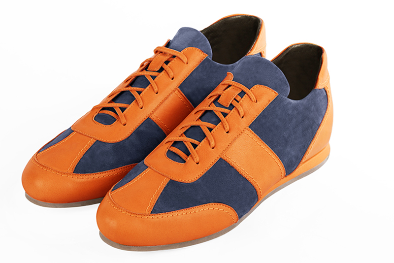 Apricot orange and prussian blue two-tone dress sneakers for men. Round toe. Flat wedge soles. Front view - Florence KOOIJMAN