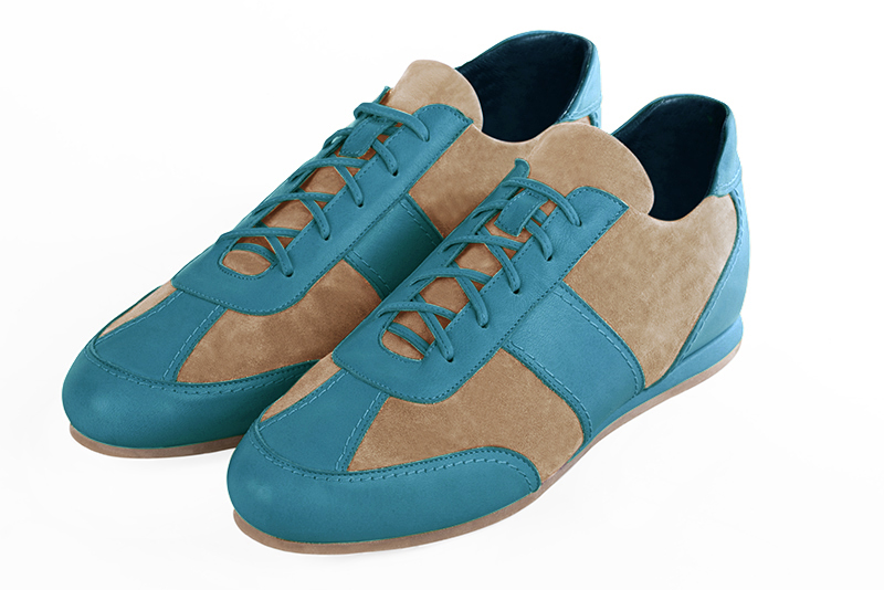 Peacock blue and sand beige two-tone dress sneakers for men. Round toe. Flat wedge soles - Florence KOOIJMAN
