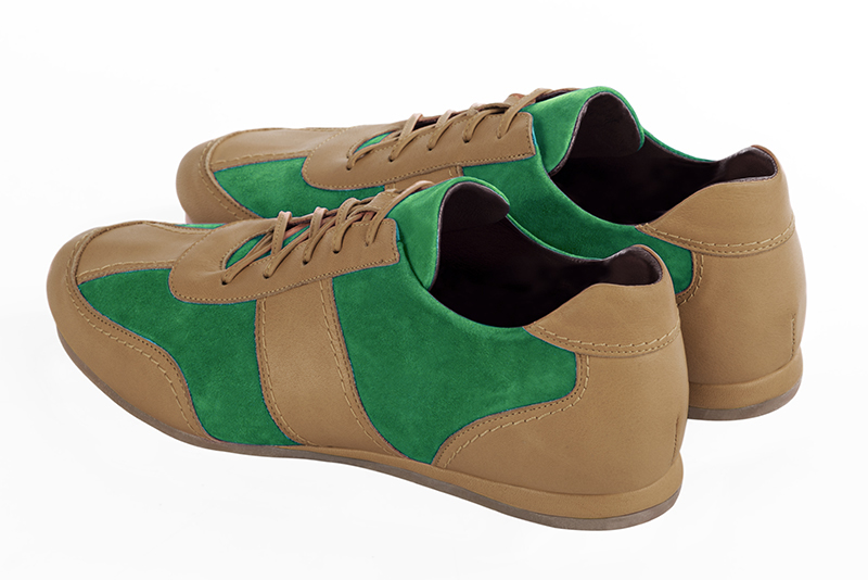 Camel beige and emerald green two-tone dress sneakers for men. Round toe. Flat wedge soles. Rear view - Florence KOOIJMAN