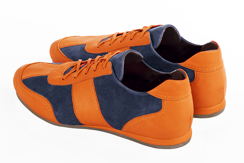 Apricot orange and prussian blue two-tone dress sneakers for men. Round toe. Flat wedge soles. Rear view - Florence KOOIJMAN
