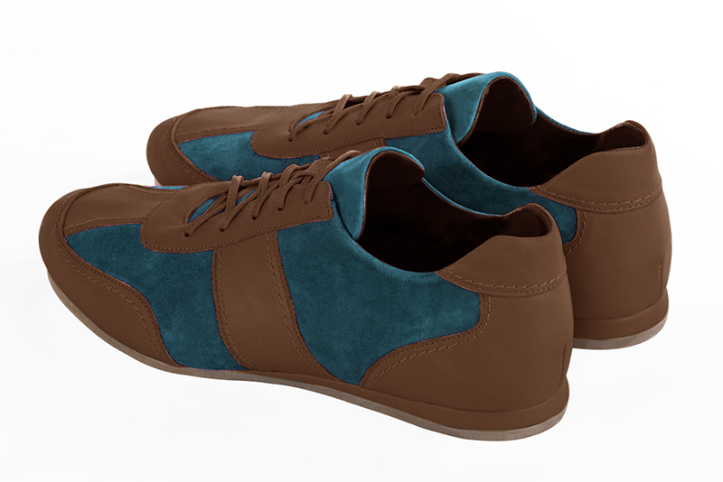 Caramel brown and peacock blue two-tone dress sneakers for men. Round toe. Flat wedge soles. Rear view - Florence KOOIJMAN