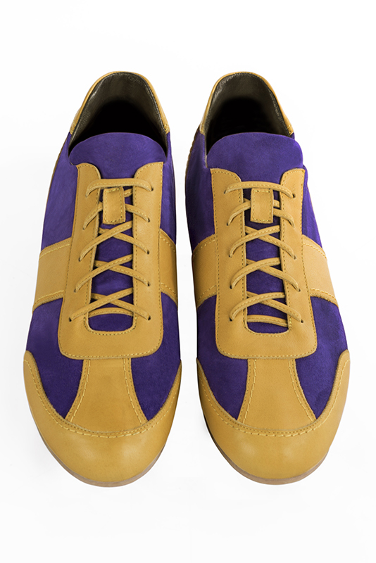Mustard yellow two-tone dress sneakers for men. Round toe. Flat wedge soles. Top view - Florence KOOIJMAN