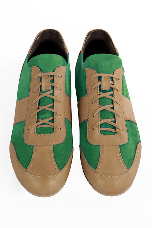 Camel beige and emerald green two-tone dress sneakers for men. Round toe. Flat wedge soles. Top view - Florence KOOIJMAN