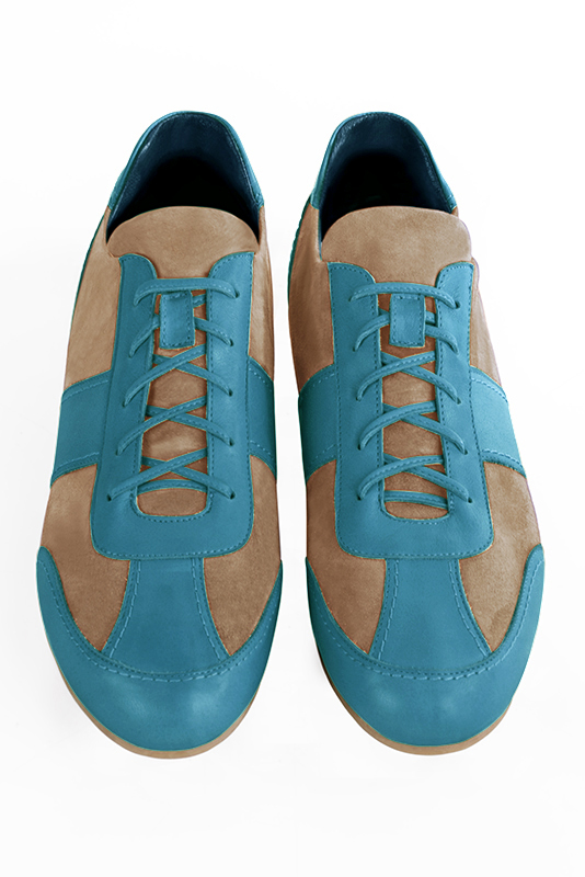Peacock blue and sand beige two-tone dress sneakers for men. Round toe. Flat wedge soles. Top view - Florence KOOIJMAN