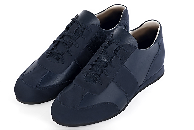 Navy blue one-tone dress sneakers for men. Round toe. Flat wedge soles - Florence KOOIJMAN